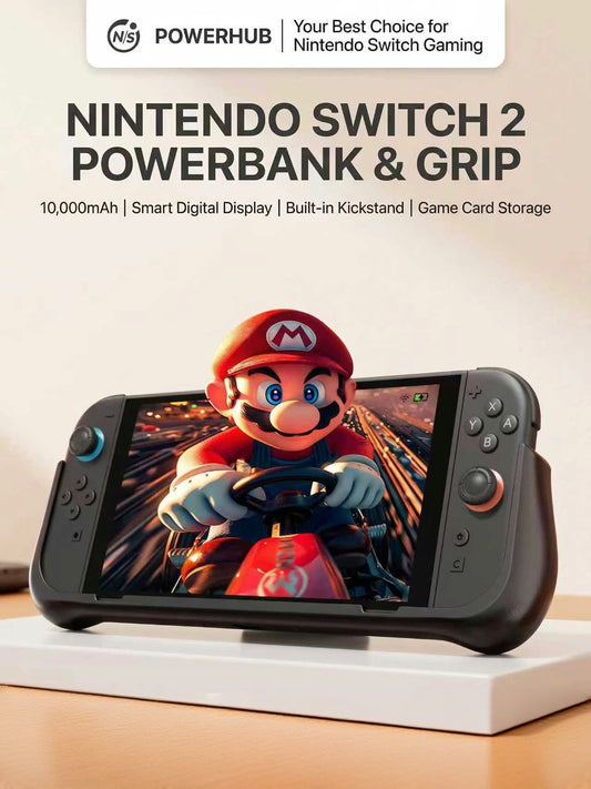 NEWDERY 10000mAh portable charger case for Switch 2 — battery pack with LED display and ergonomic grip