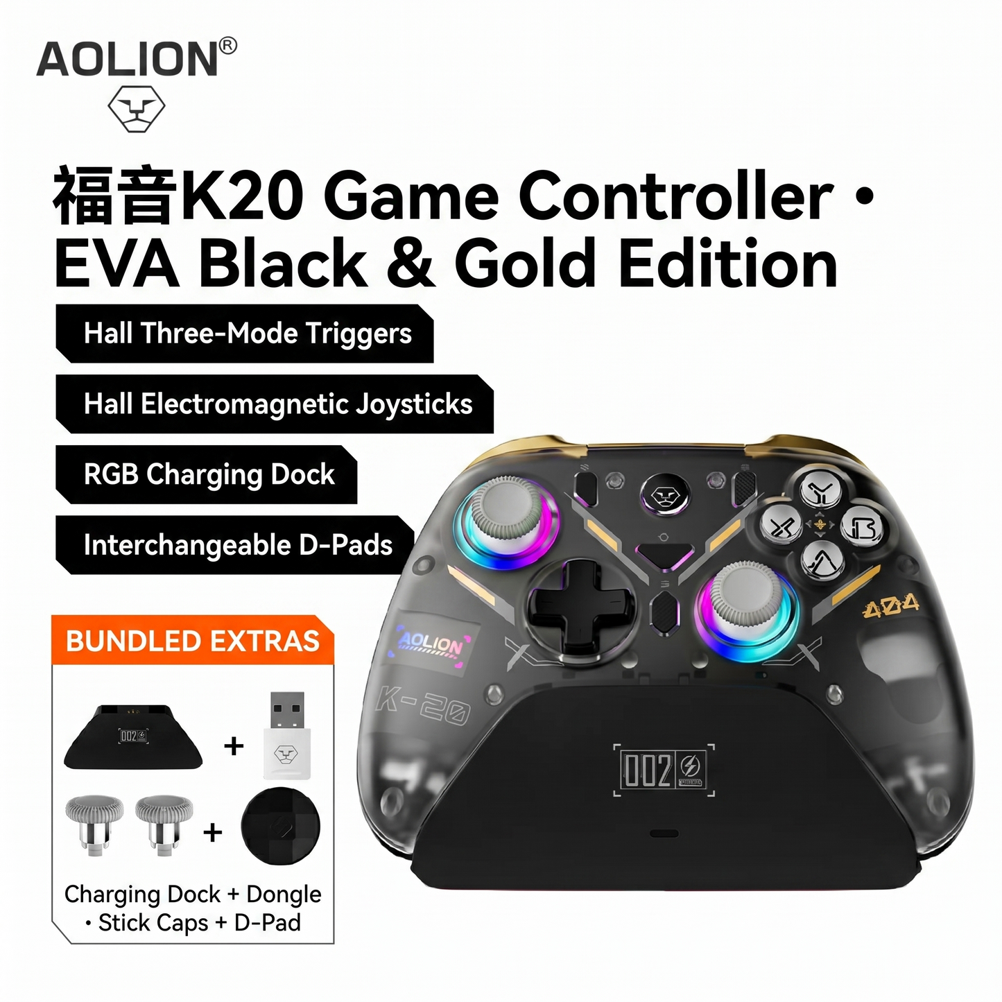 AOLION K20 Hall Effect Gaming Controller — Zero Drift, Mechanical Buttons, Custom Macros