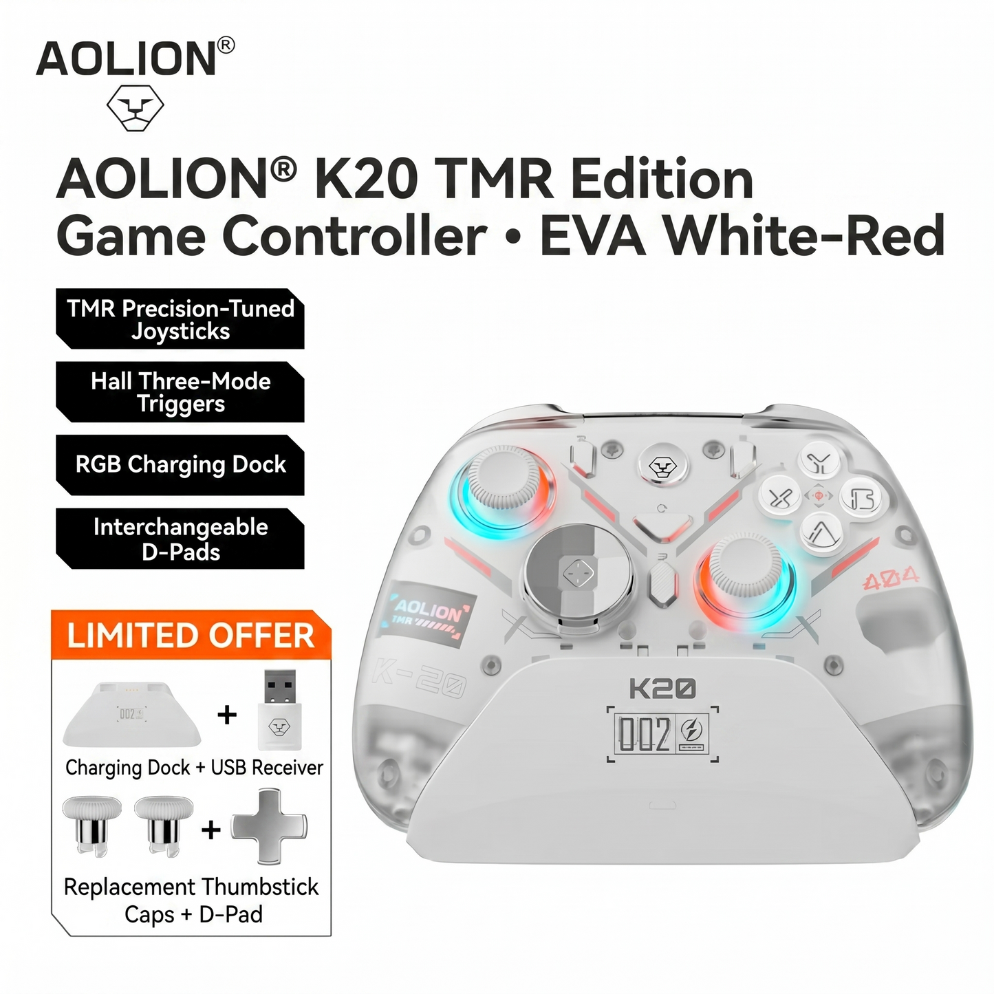 AOLION K20 Hall Effect Gaming Controller — Zero Drift, Mechanical Buttons, Custom Macros