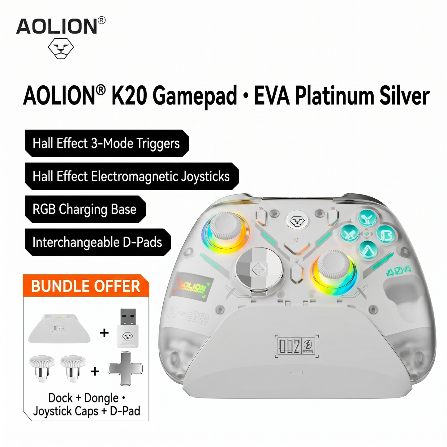 AOLION K20 Hall Effect Gaming Controller — Zero Drift, Mechanical Buttons, Custom Macros
