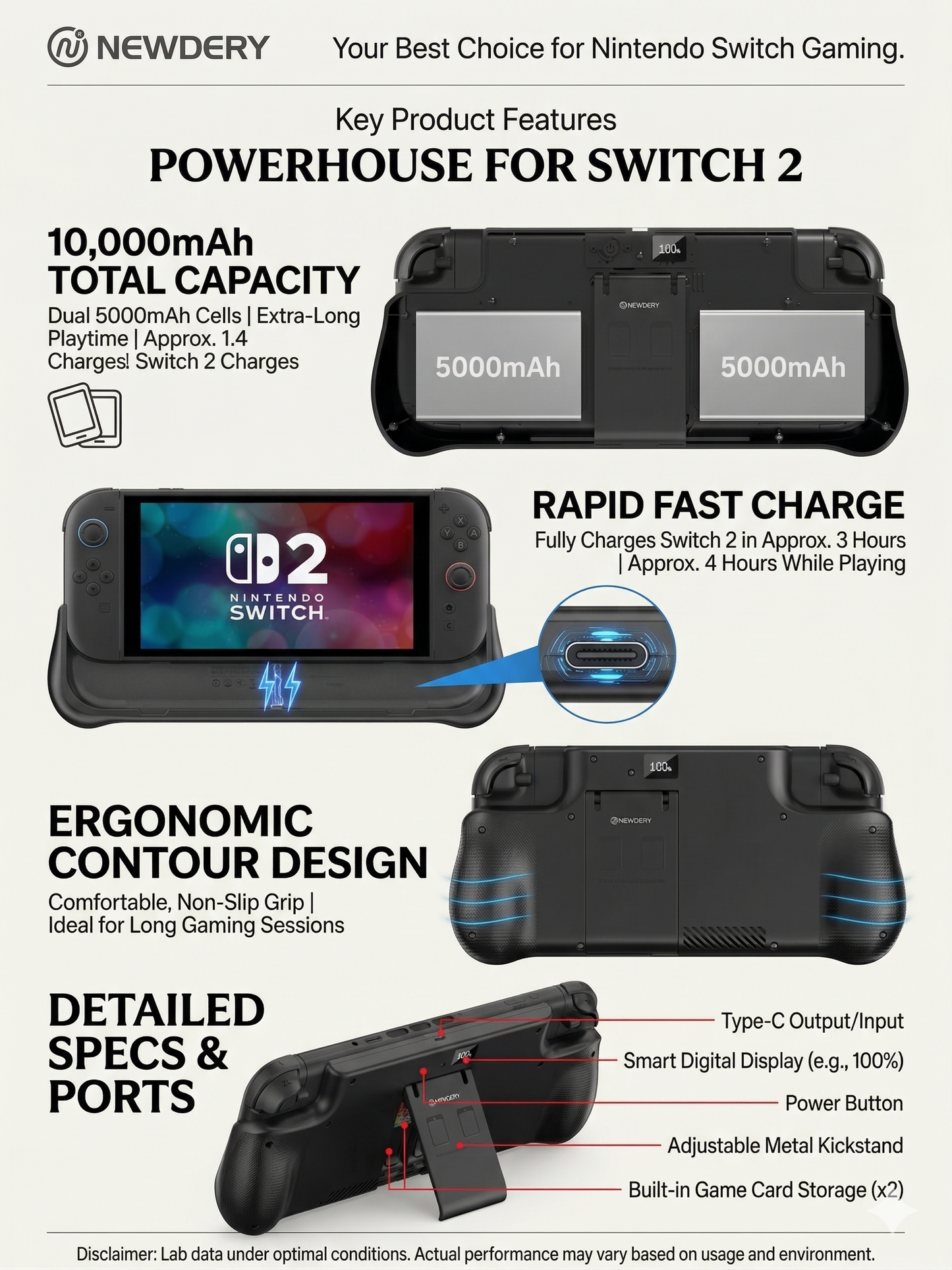 Switch 2 battery case with foldable stand and 2 game card storage slots — 10000mAh external power bank